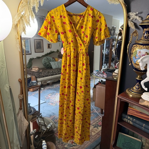 Dresses & Skirts - Floral Yellow and Red Handmade Lightweight Maxi Wrap Dress with Belt